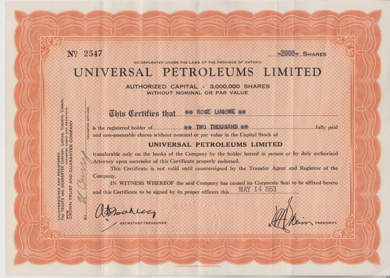 Universal Petroleums Limited 1953. Stock Certificate. 2000 shares. Vintage