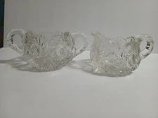 American Brilliant Cut Glass Hobstar Pinwheel Crystal Swirl Creamer Sugar  Set