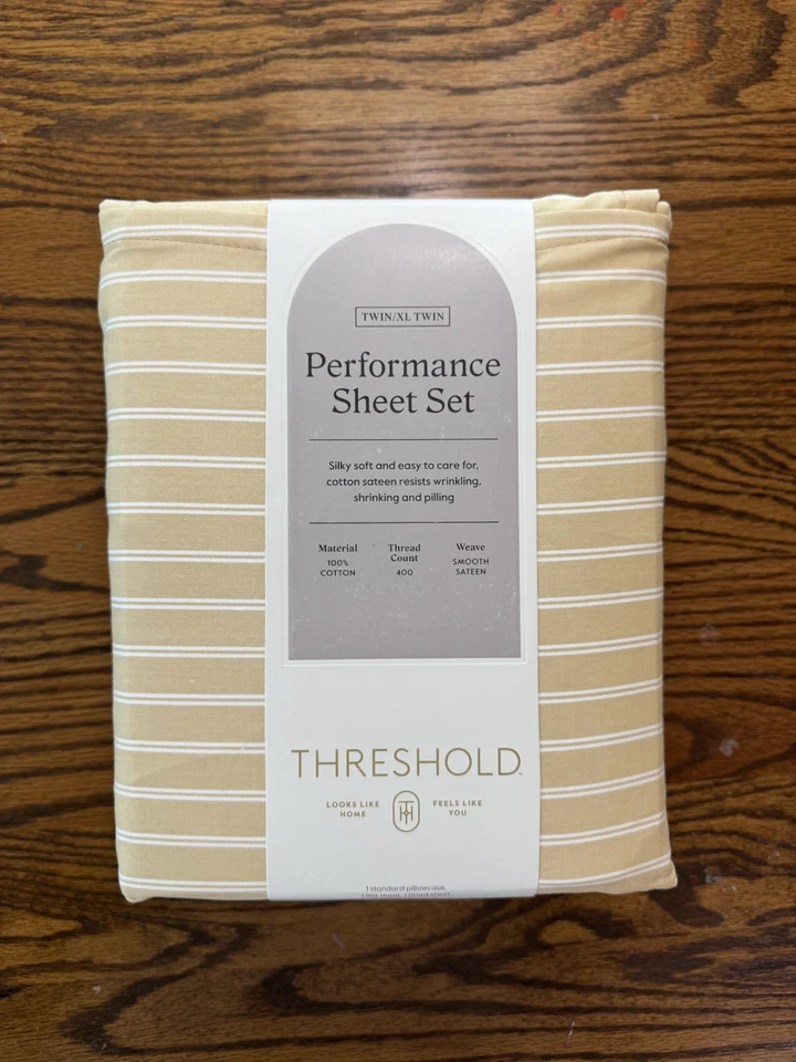 Juego de sábanas de rendimiento Twin XL 400 hilos rayas amarillas/doradas - umbral Foto 3 de 3