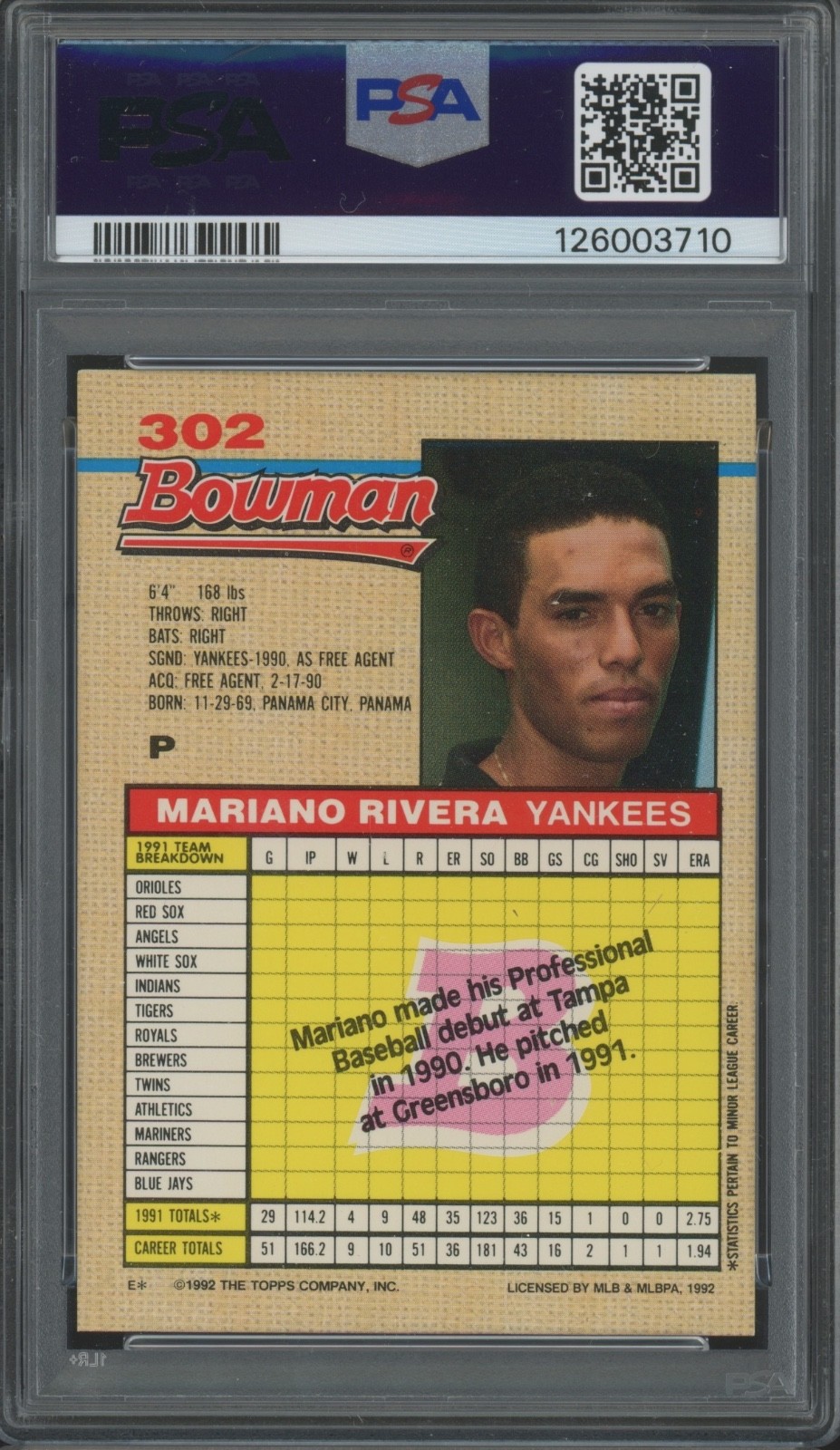 1992 Bowman #302 Mariano Rivera Autograph RC Rookie PSA DNA Authentic 10 Auto view 2