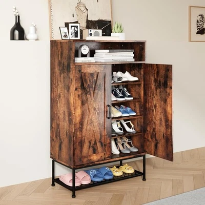 PROXRACER 7-Tier Farmhouse Shoe Cabinet Wooden Shoe Storage Organizer 24-Pair Rustic Brown