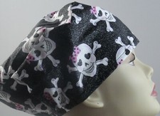 Ladies scrub hat, white skulls, pink glitter bows on black Vashon easy on comfy