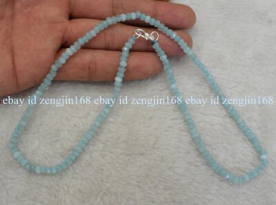 Natural Light Blue Jade Faceted Rondelle Beads Necklace – Silver Hook Clasp, Handmade, Vintage Style