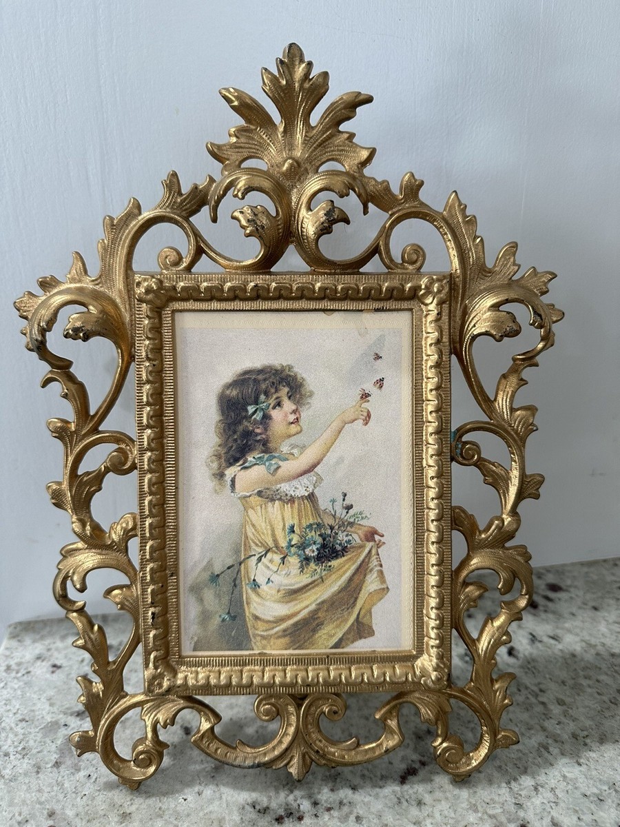Vtg Ornate Victorian Rococo Gold Brass Picture Frame Plaque Holder