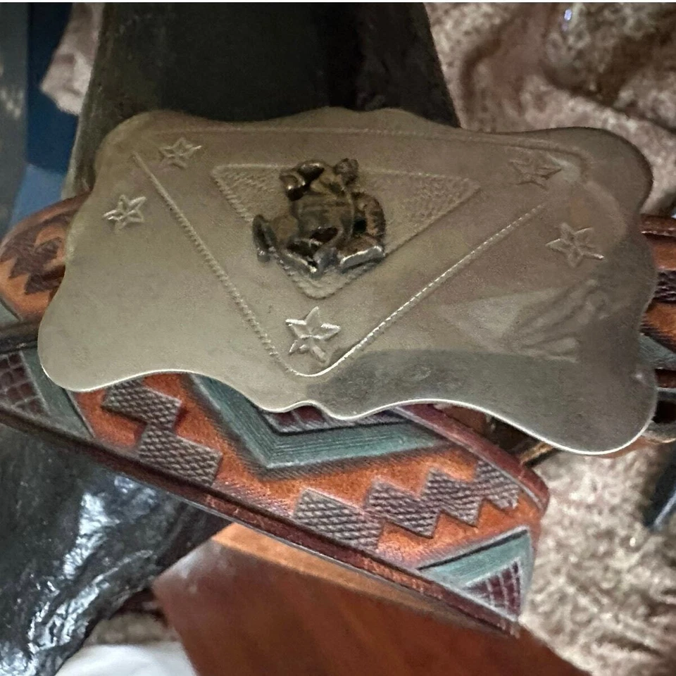 "Cinturón de jinete de caballo vintage hebilla de cinturón nativo occidental vaquero azteca 1"" cuero 24,26" Foto 3 de 4