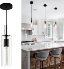 1-Light Black Pendant Light Industrial Hanging Metal with Clear Glass Shade