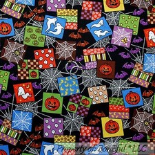 BonEful Fabric FQ Cotton Quilt B W Orange Pumpkin Block Scroll Swirl Moon Bat 3D