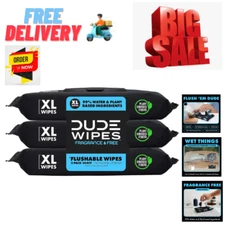 DUDE Wipes - Flushable Wipes - 3 Pack, 144 Wipes - Unscented Extra-Large Adult W