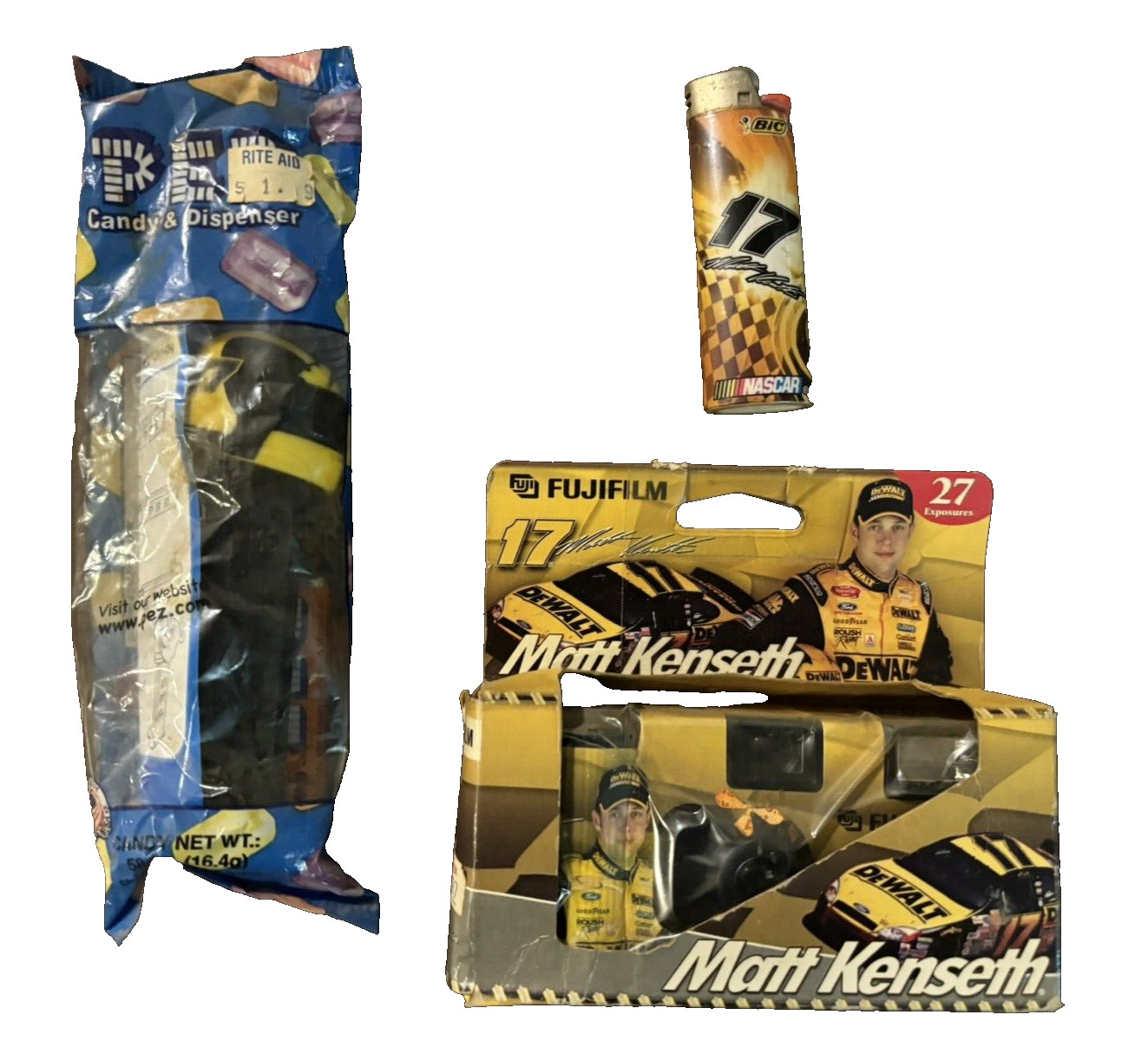 Matt Kenseth #17 NASCAR Fujifilm 1 Use Camera, PEZ Candy Dispenser, BIC Lighter