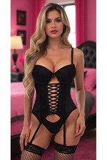 Lavish Black Lycra Lace Hook Eye Lace-Up Bustier Corset w/Garters