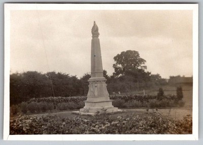 Vtg B&W Snapshot Tall Stone Obelisk Monument Memorial Garden Park Trees 1930s