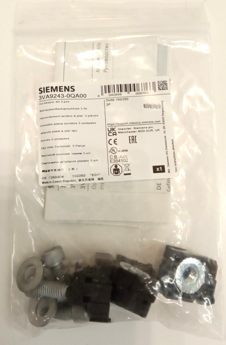 Siemens 3VA9243-0QA00 Nut Keeper Kit 3pcs for 3VA6 150/250A 3P Circuit Breakers