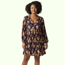 Rusttydustty Floral Babydoll Dress 2XL Navy Orange Lace Trim Boho Cottagecore