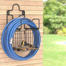 Metal Hose Holder with Tool Storage Basket - Sturdy Garden Hose Stand Wall 