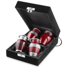 Set of 4 Cremation Urns, Silver Red Keepsake with Velvet Case