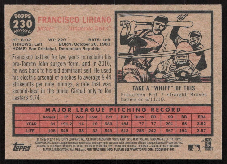 2011 Topps Heritage Francisco Liriano #230 Minnesota Twins - Image 2 of 2