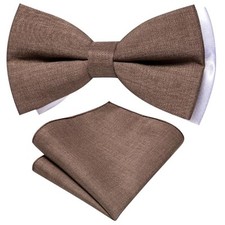 Men's Bow Tie Set Extra Large Cotton Linen Bowties with Handkerchief Brown