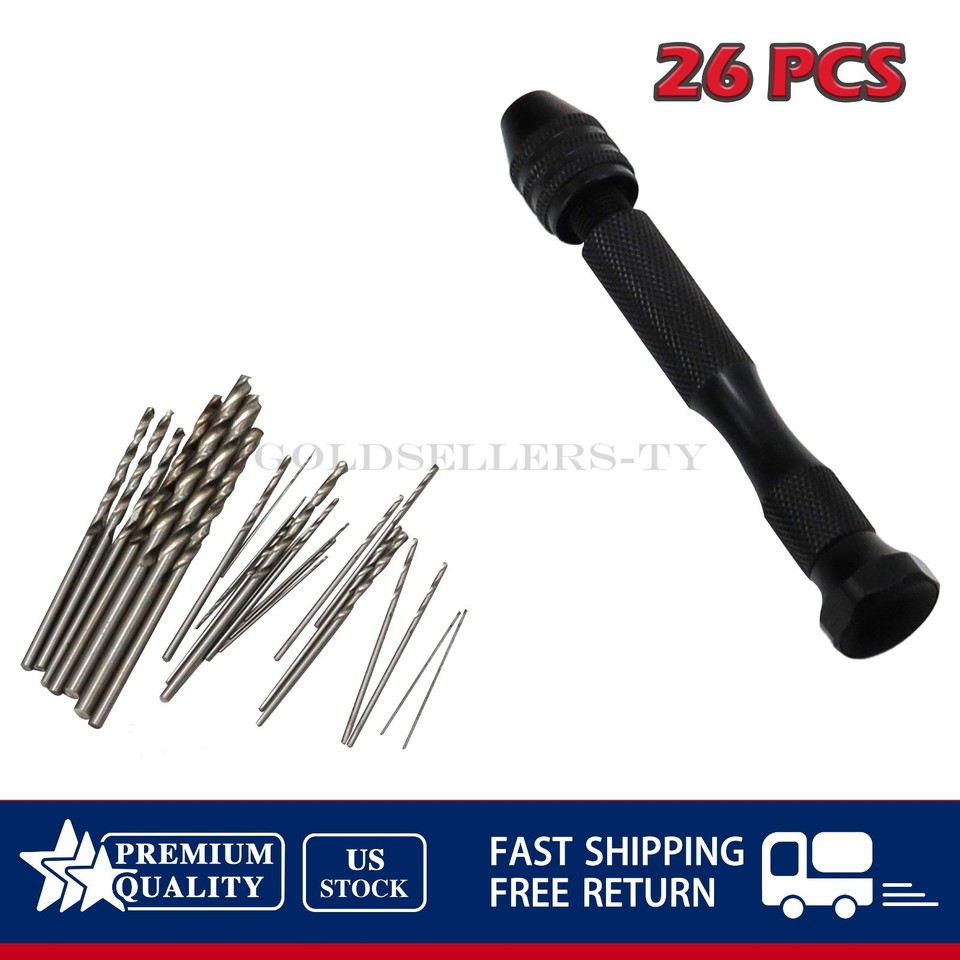 26PCS Mini Micro Drill Hand Bits Set Small Manual Keyless Chuck Pin ...