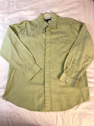 Tommy Hilfiger Mens Large Green Oxford Button Down Shirt Long Sleeve Flag Logo - product listing photo