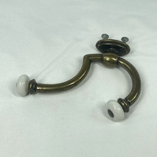 Vintage Brass Double Coat Hat Hook White Porcelain Knobs Hall Tree Cabinet Hook
