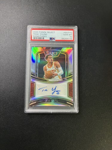 2020-21 Panini Select Trae Young Signatures Silver Prizm Auto #d/49 PSA 10