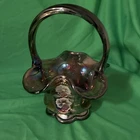 Fenton Hand Painted Iridescent Purple Floral Art Glass Basket w/ Handle
