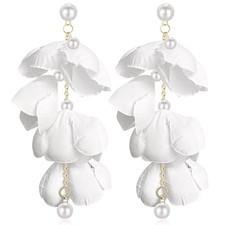 Handmade Bohemian Pearl Fabric Flower Dangle Drop Earrings Lightweight White