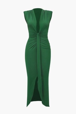 Micas Green Deep V-Neck Sleeveless Midi Dress Fall Wedding Winter Party Cocktail