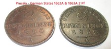 1862-A & 1863-A German States Prussia Antique 2 Pfennig Coin lot UNC/AU-XF KM481