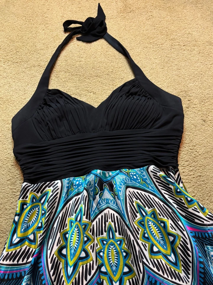 Cato Black Bustier Halter Satin Scarf-Hem Fit & Flare Midi Cocktail Dress 16 - Image 3 of 4