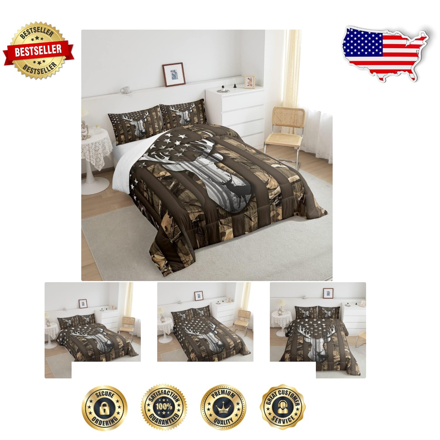 Versatile King Size Camouflage Bedding Set with Deer Antler Design for Teens