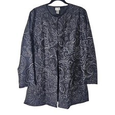 Chico's L Jacket Silk Black Floral Embroidery MOB Wedding Guest Holiday Silver