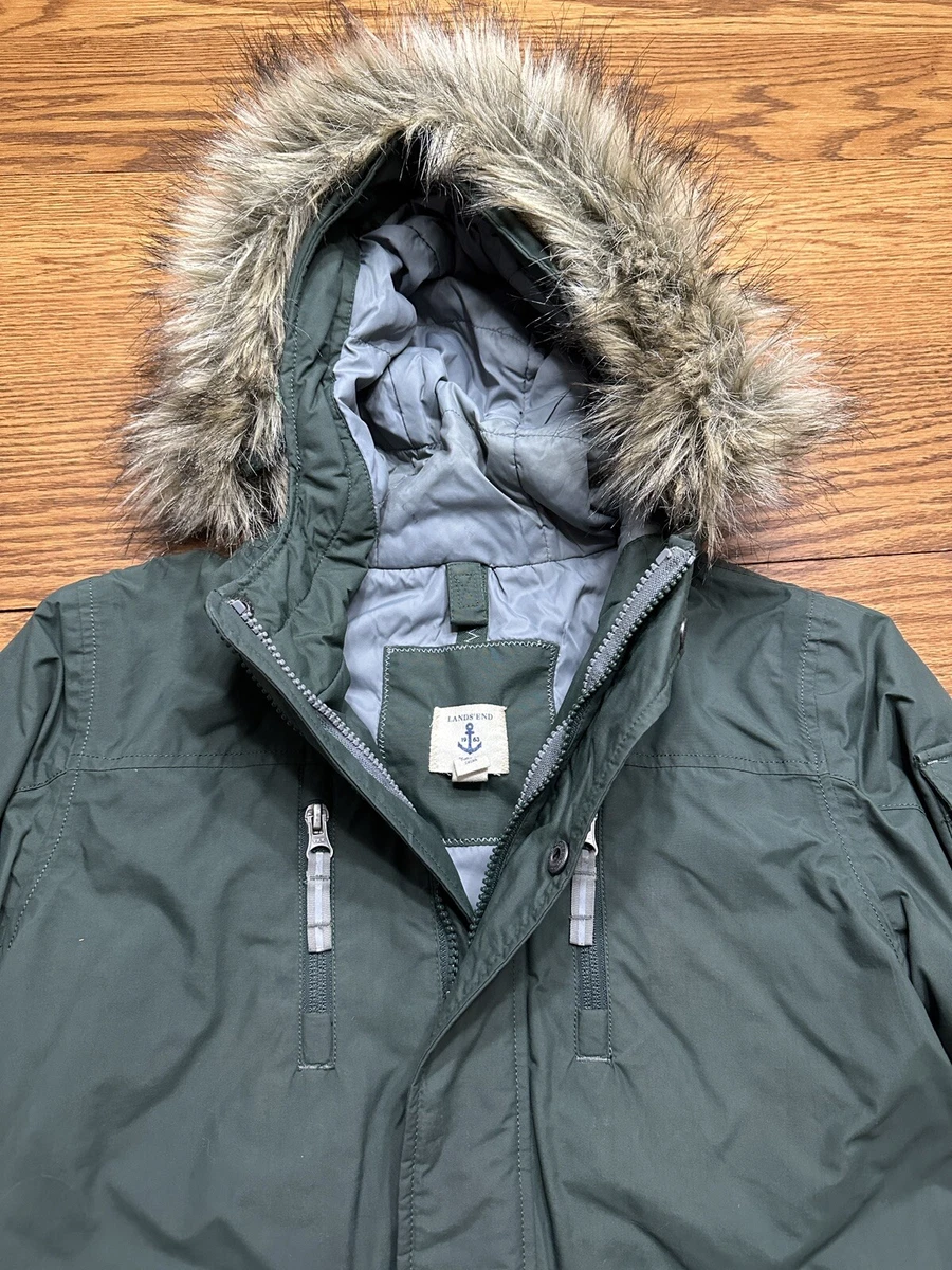 LANDS END Kids Boy L 7 Olive Green Expedition Winter Coat Jacket Parka Fur Hood