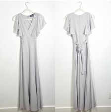 Lulu’s Dearly Loved Light Grey Flutter Sleeve Maxi Dress XS Formal Bridesmaid