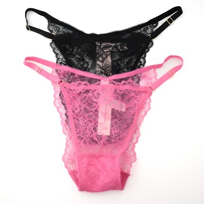 2 Victoria's Secret Rose Lace Adjustable Brazilian String Bikini Panty Lot LARGE