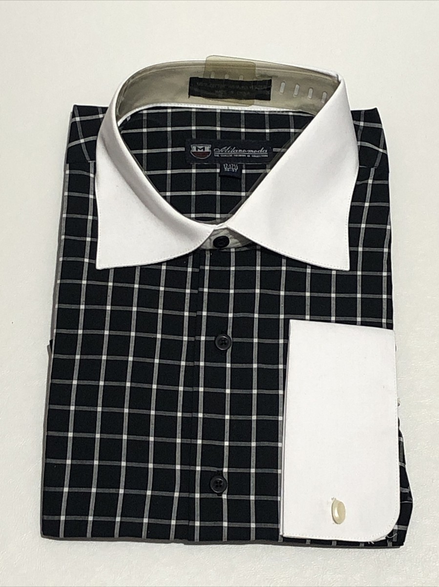 milano moda dress shirts MILANO MODA MENS DRESS SHIRT 17-17.5 SLEEVE 36-37 BLK/WHITE NWT