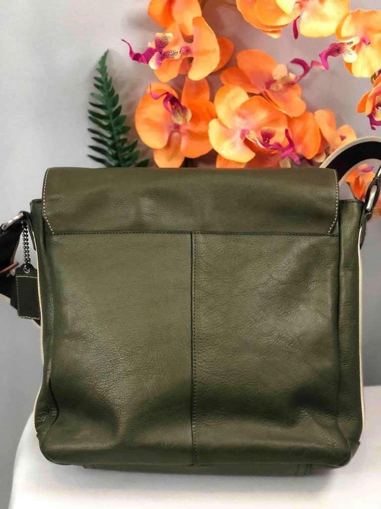 COACH Heritage Web Dark Army Green Saddle Leather Messenger Bag 