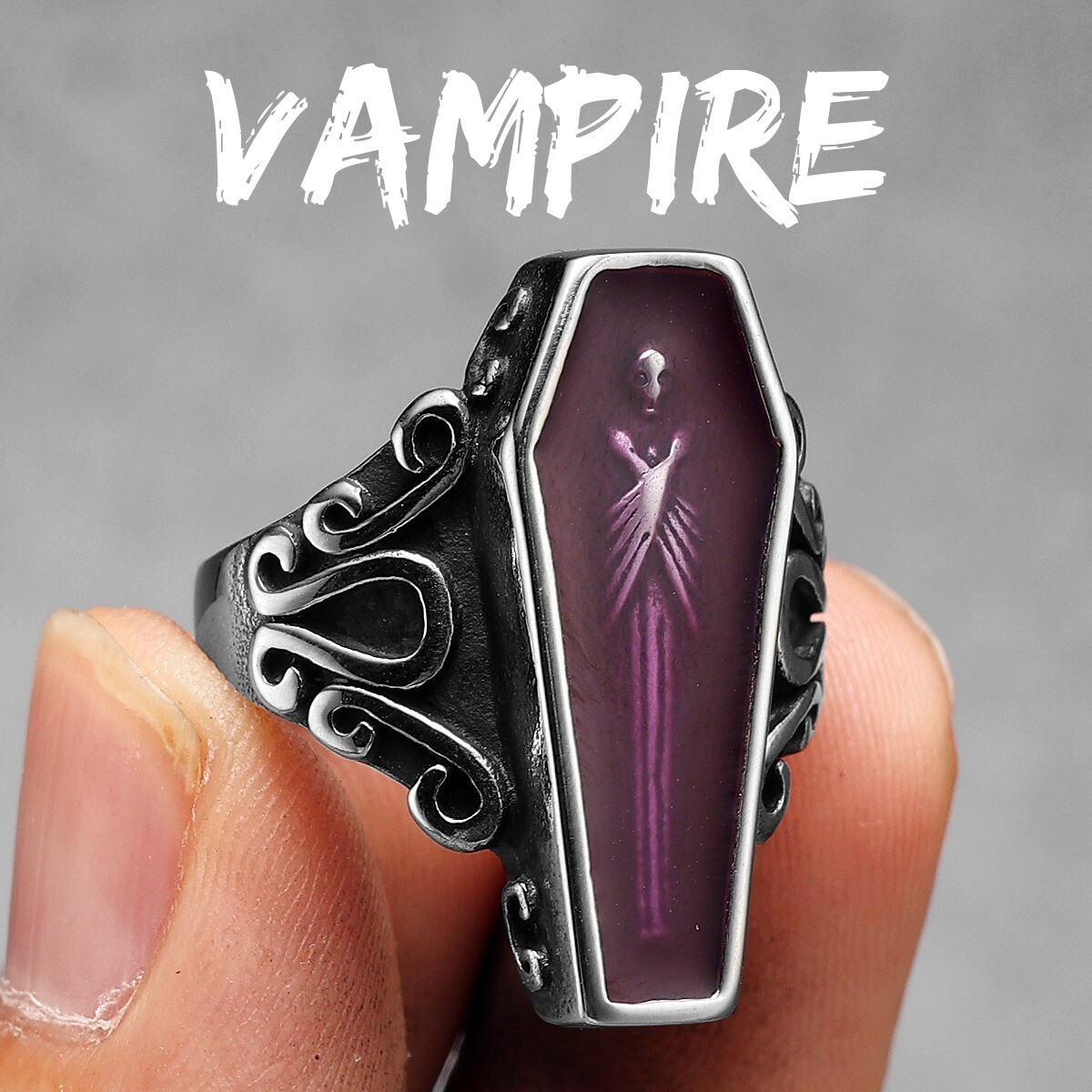 Punk Gothic Mummy Vampire Coffin Skeleton Men Ring Stainless Steel
