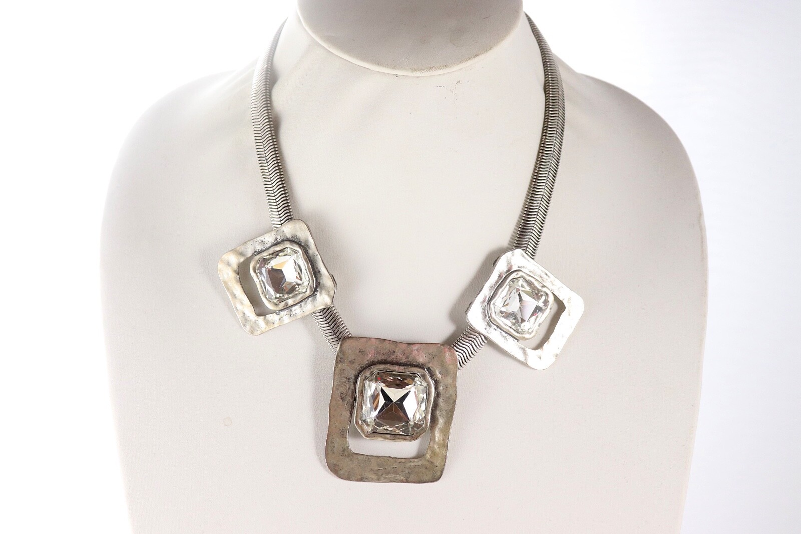 Large Square Hammered Silver Tone Statement Neckl… - image 2