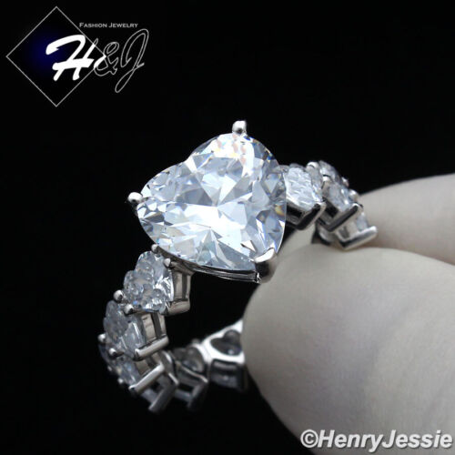 WOMEN SOLID 925 STERLING SILVER ICY HEART SHAPED CZ SILVER ENGAGEMENT RING*SR149 - Picture 1 of 5