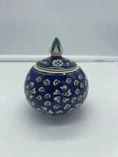 Turkish Pottery Covered Dish Sugar Bowl Signed