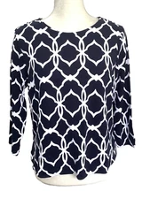 Crown & Ivy Navy Blue White Trellis Print Top Blouse Petite M