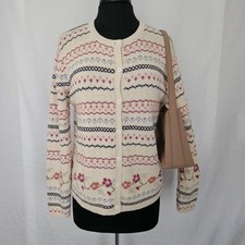 Womens Size Large Cream Pink Floral Button Knit Cardigan Sweater