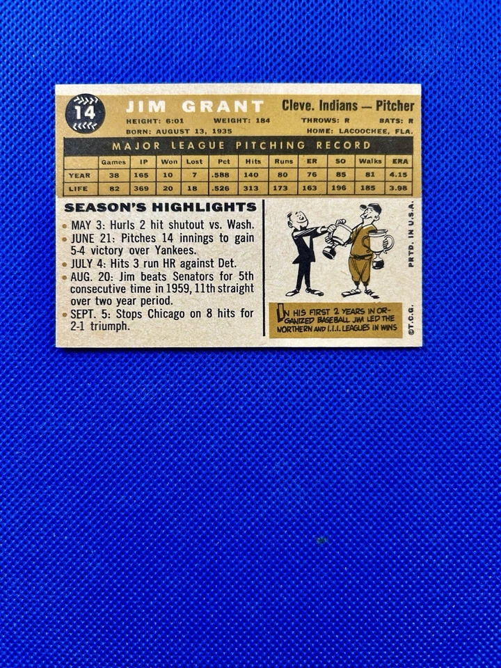 1960 Topps #14 Jim Grant Cleveland Indians High-end NM-MT B60#14C3 - Image 2 of 2