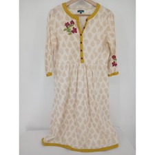 AJIO Dress Womens Medium Cream Tan Floral Embroidered Pintuck Boho