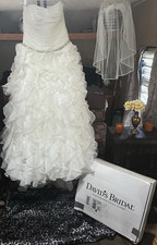 David's Bridal Strapless Ruffled Ball Gown Wedding Dress White with Veil