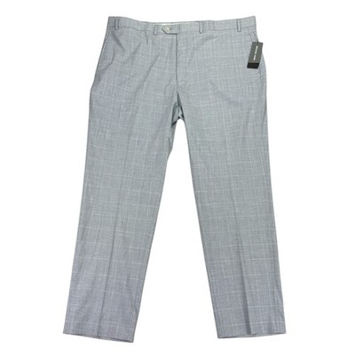 Michael Kors Mens Marvin Classic Fit Plaid Stretch Dress Pants White Blue 44x32