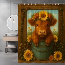 Adorable Cow Shower Curtain with Sunflowers - Farmhouse Style