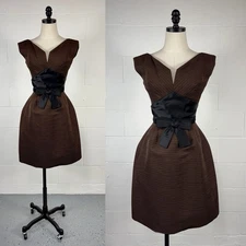 Vintage 50s Adele Simpson Brown Ribbed Silk Fit And Flare Party Dress AS IS XS 2