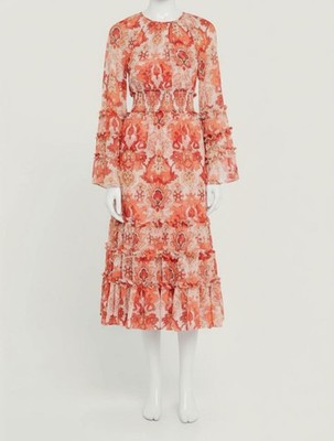 Cinq à Sept Women's Orange Damask Round Neck Bell Sleeve Sunnina Dress Size 4